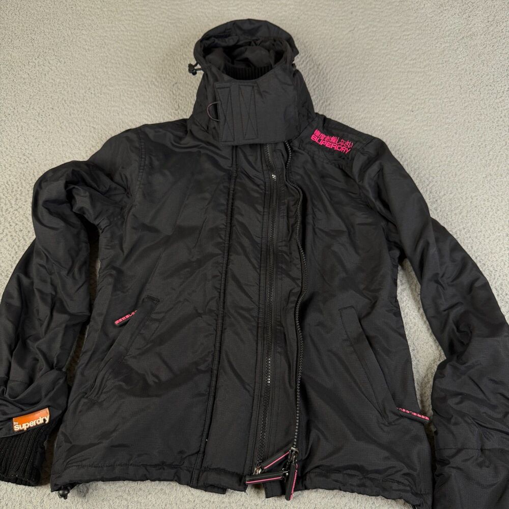 SUPERDRY Windcheater Jacket Womens S Black Pink Hooded Fleece Lined Streetwear